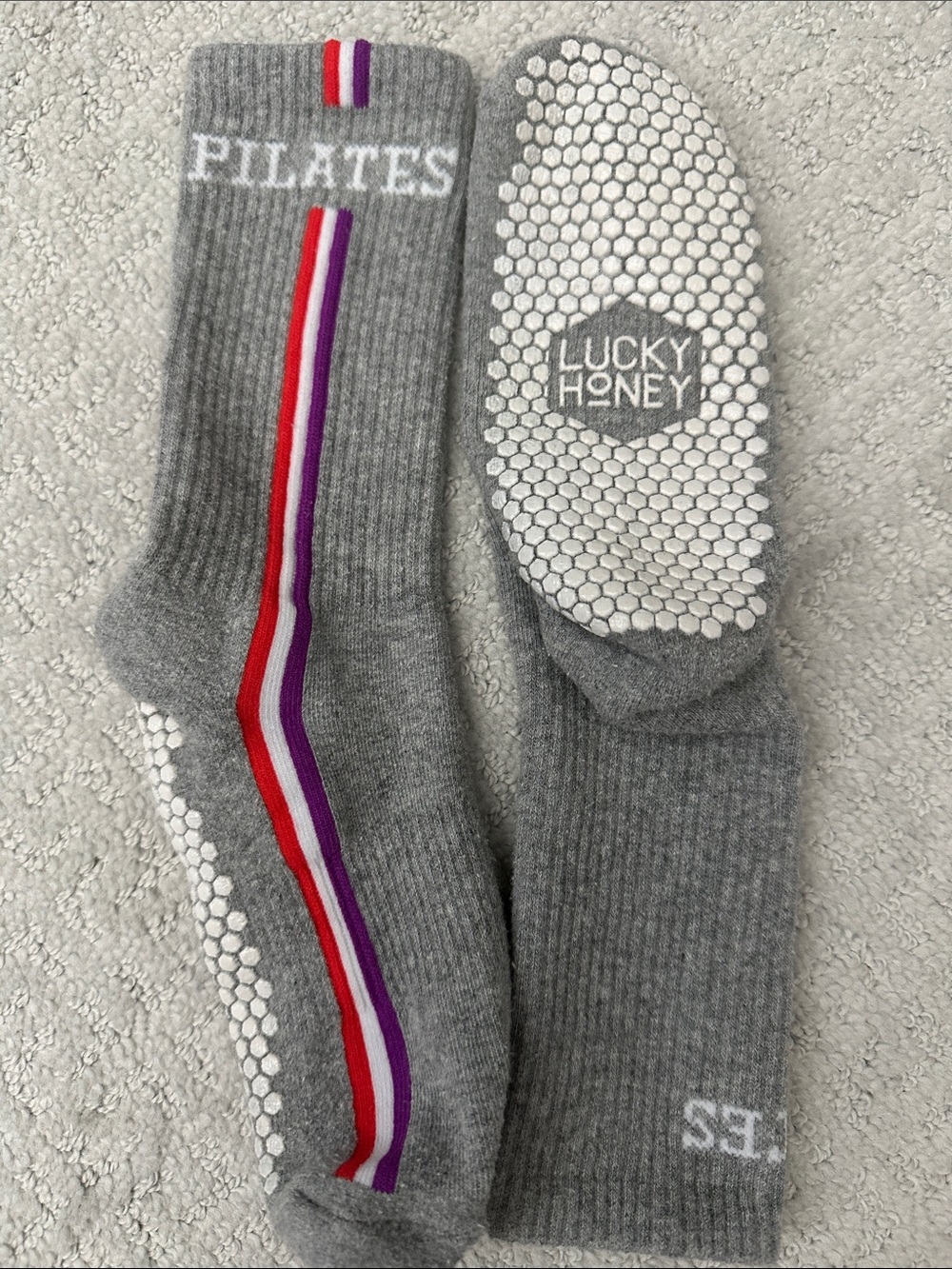 Lucky Honey Gray Pilates Grip Socks with Red & Purple Stripes